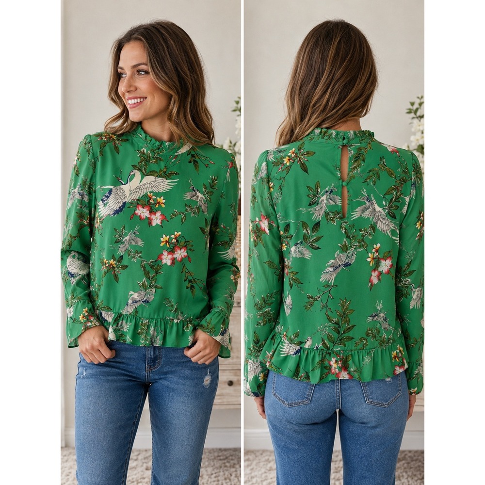 CODE x MODF Green Crane Floral Mock Neck Ruffle Hem Long Sleeve Blouse